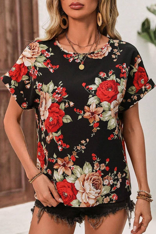 CWTTS1380_SUMMER FASHION PRINTED U-NECK SHORT SLEEVE TOP