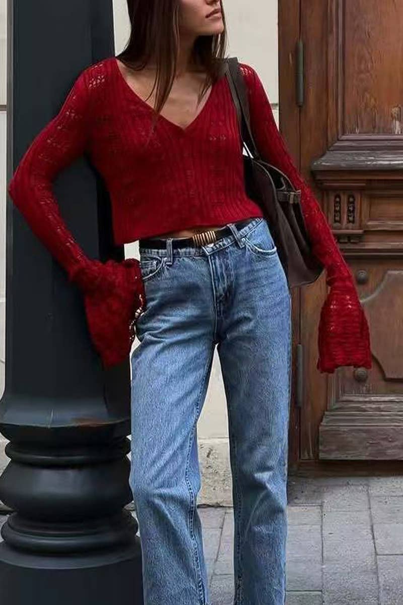 CWTTL2015_KNITTED SEXY HOLLOW TRUMPET SLEEVE TOP CARDIGAN