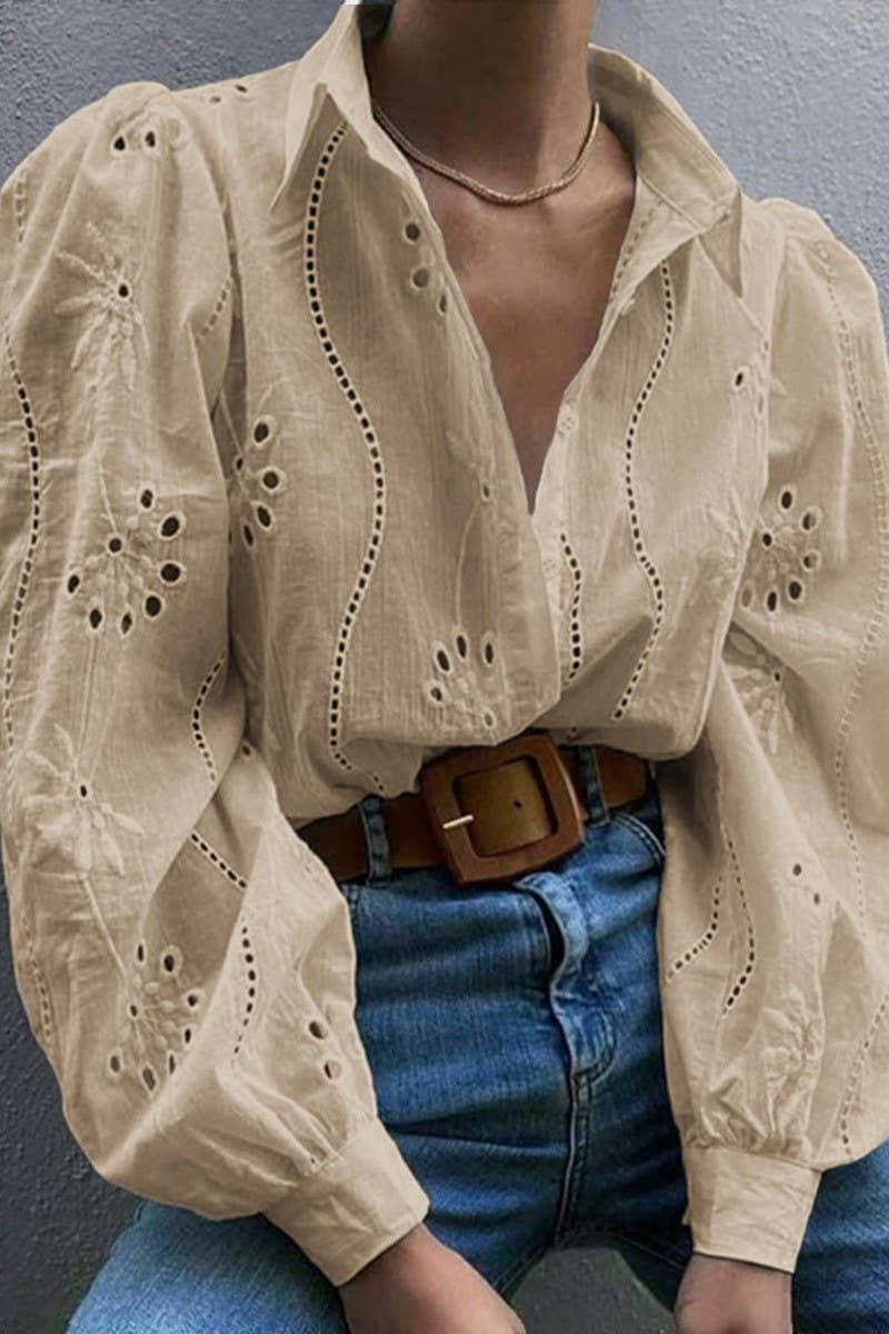 CWTSTL01000_CASUAL LOOSE HOLLOW OUT PUFF SLEEVE  TOP