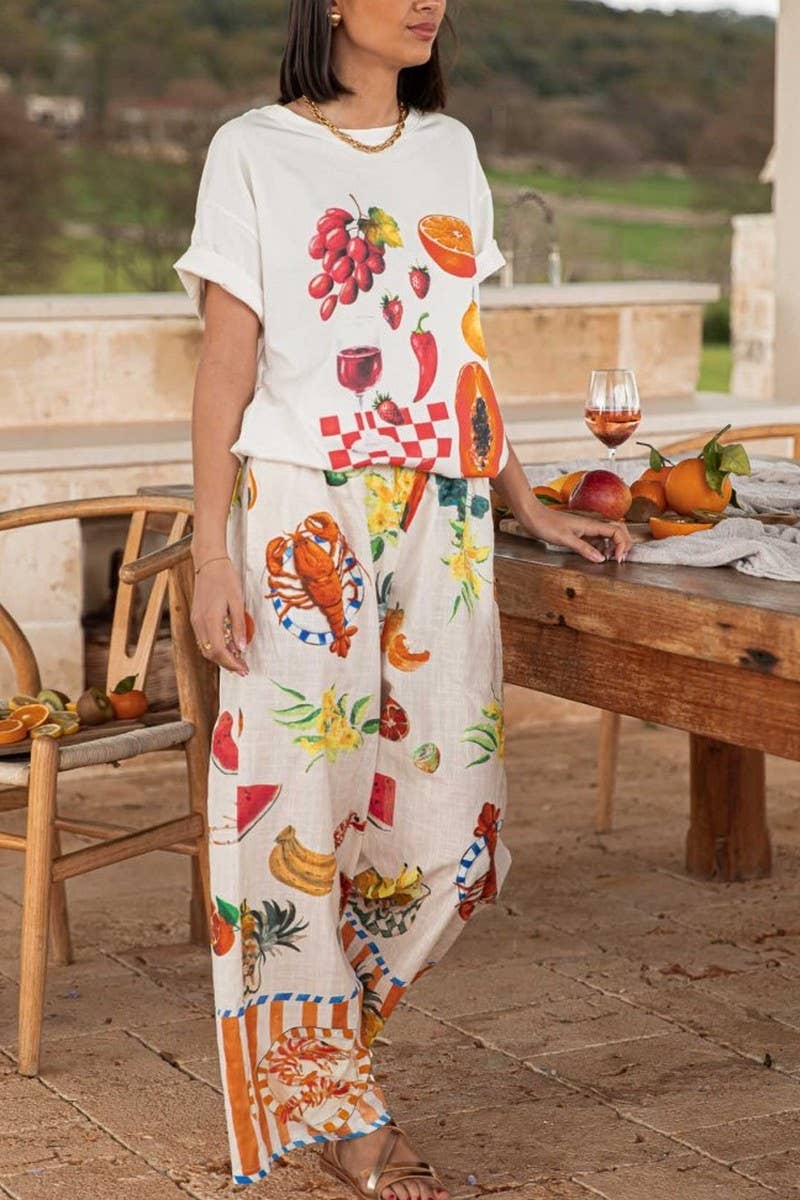 CWSS1255_GRAFFITI PRINT LOOSE T-SHIRT + WIDE-LEG PANTS SET