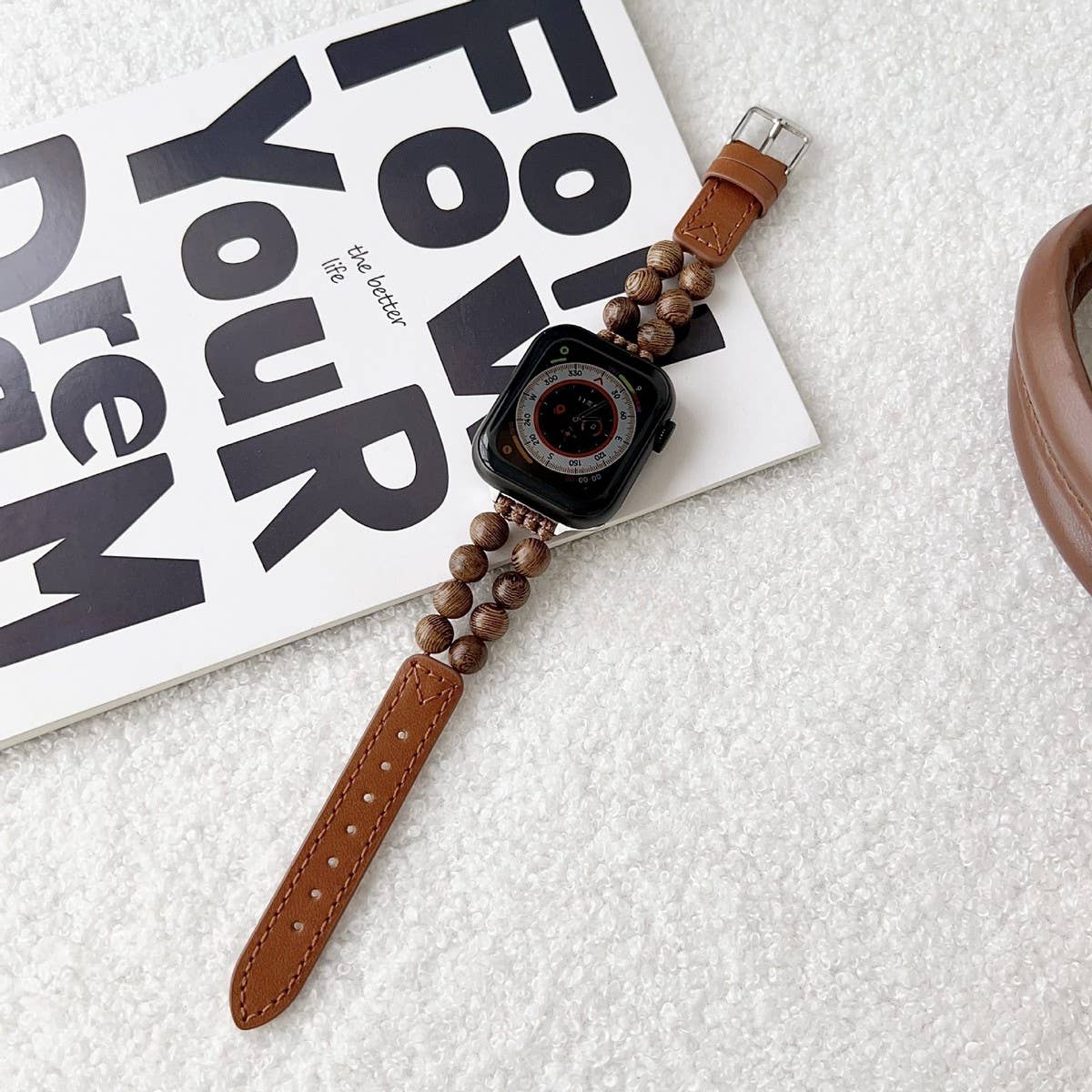 IWATCH9-1 SE WOODEN BEADS GENUINE LEATHER STRAP