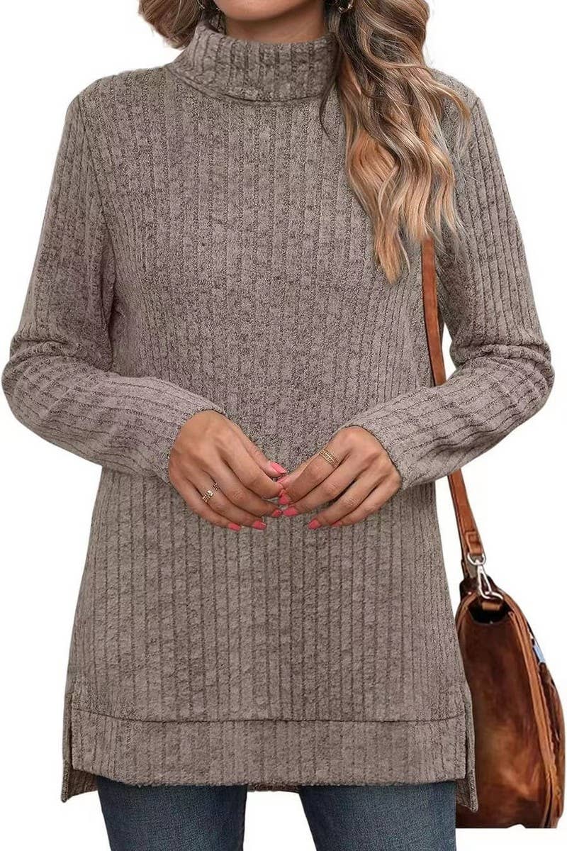 CWOSWL6106_SOLID COLOR HIGH COLLAR SLIT RIBBED BOTTOMING TOP