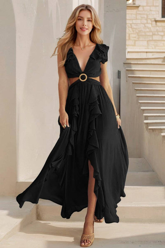 CWDMD6124_BOHEMIAN VACATION V-NECK RUFFLE SLIT MAXI DRESS
