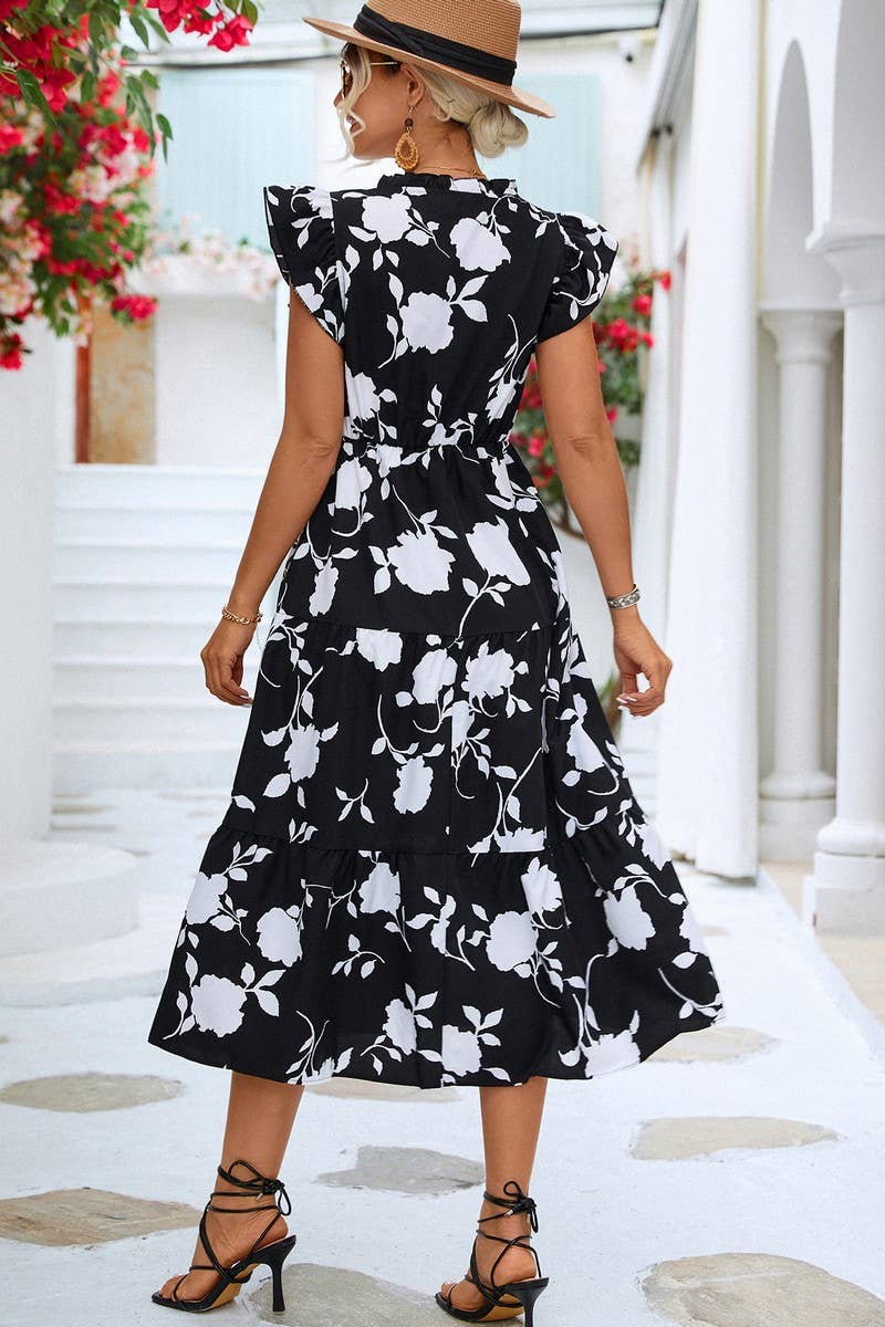 CWDMD2806_V-NECK PRINTED FLYING SLEEVE MIDI DRESS