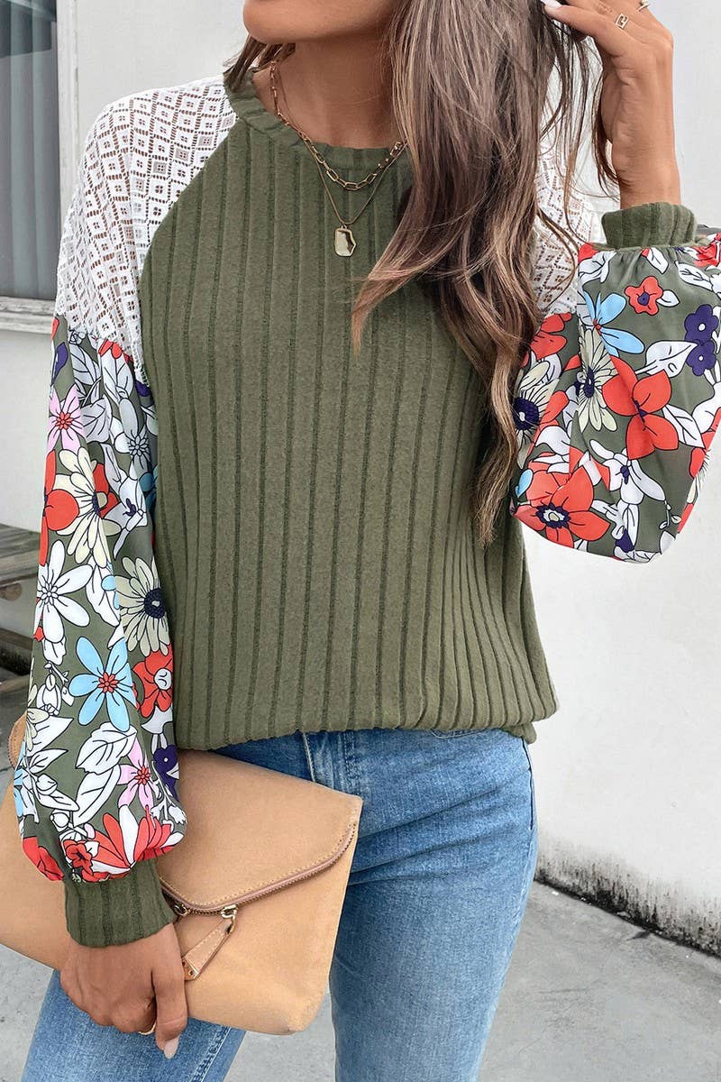 CWOSWL6839_NEW ROUND NECK FLORAL PATTERN COLORBLOCK SWEATER