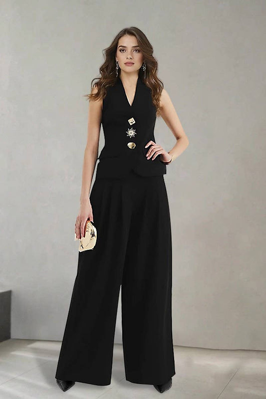 CWSTB2159_SOLID V-NECK VEST & HIGH-WAIST WIDE-LEG SET