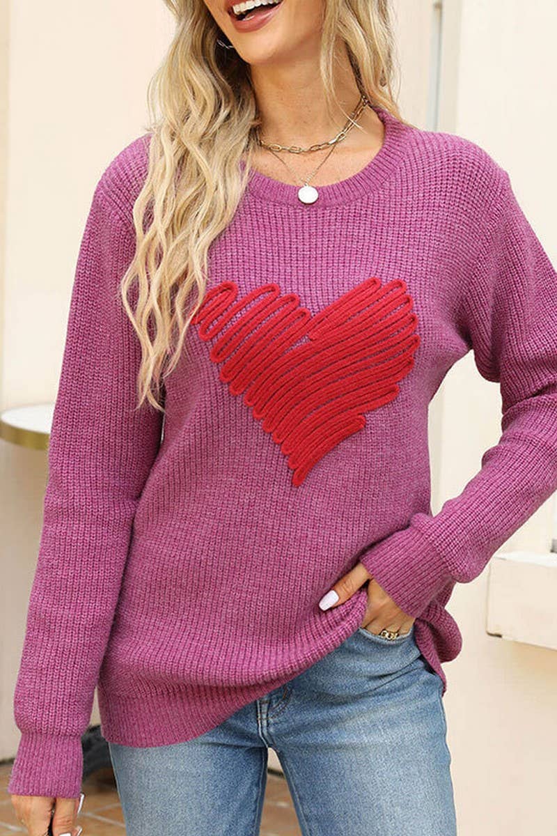 CWOSWL5811_HEART EMBROIDERED LOOSE CREW NECK SWEATER
