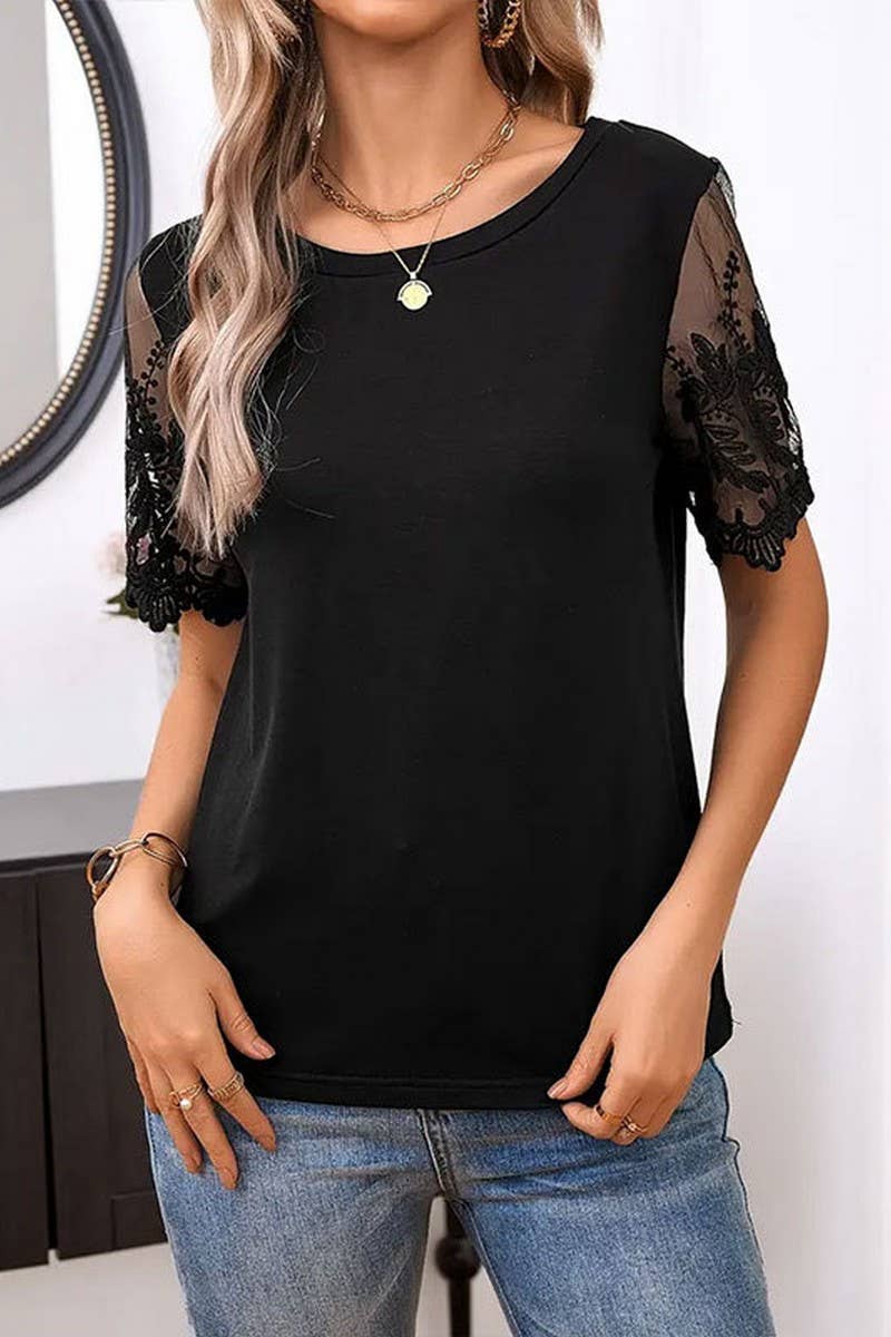 CWTTS1396_SUMMER ELEGANT KNITTED LACE ROUND NECK T-SHIRT