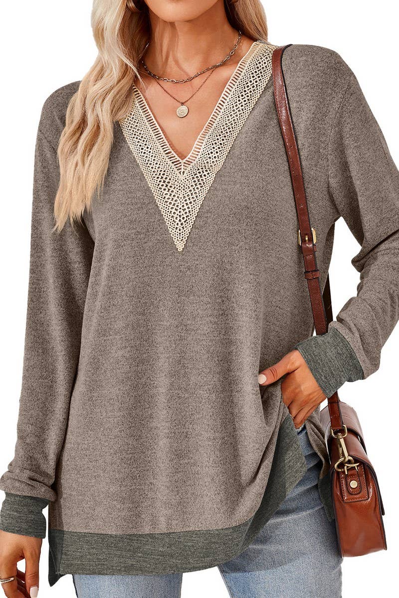 CWTBLL3660_AUTUMN NEW V-NECK LACE SOLID COLOR LOOSE T-SHIRT