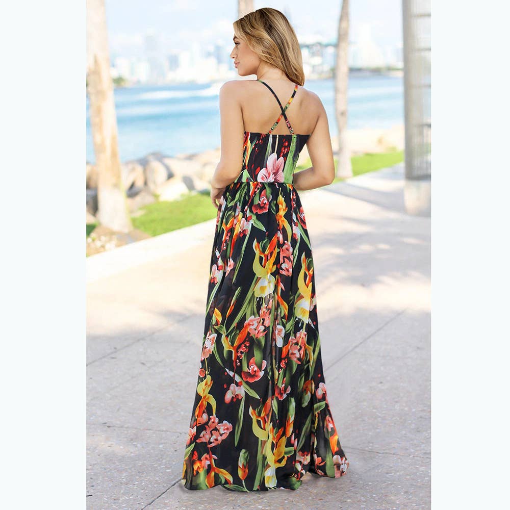 Bohemian Floral Print Spaghetti Strap Long Dress
