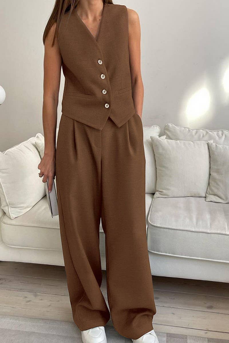 CWSTB1475_SOLID COLOR SUIT VEST TOP PANTS SET