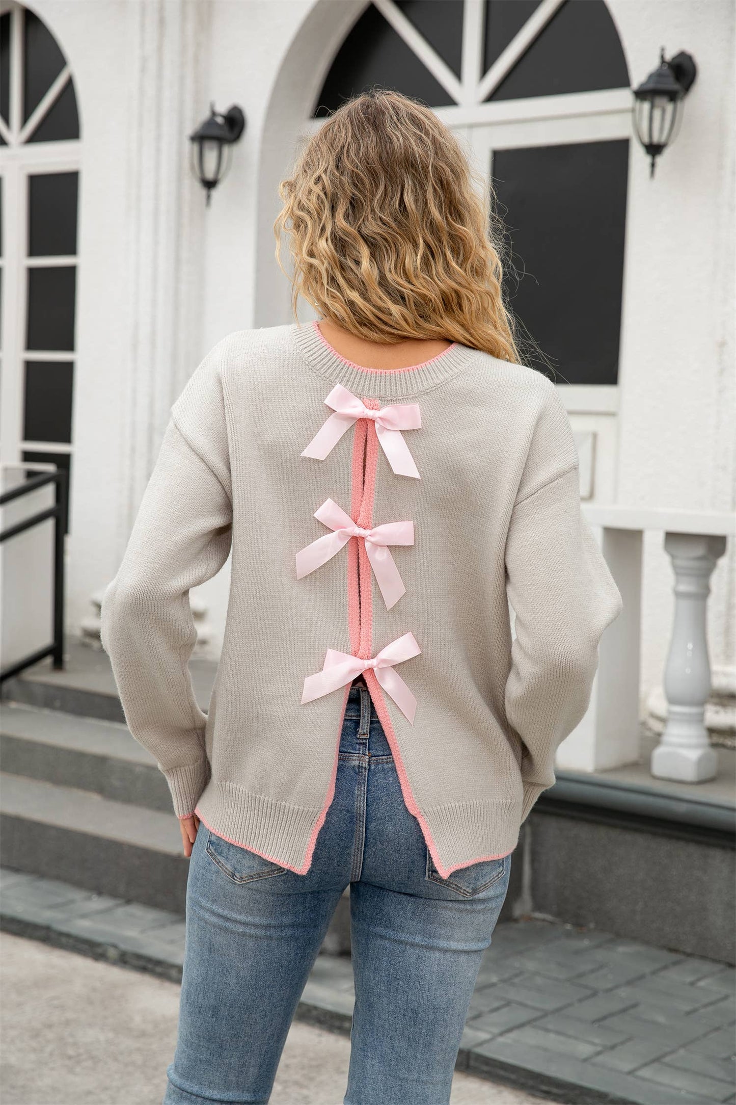 Bowknot is lace-up back sexy back sweater