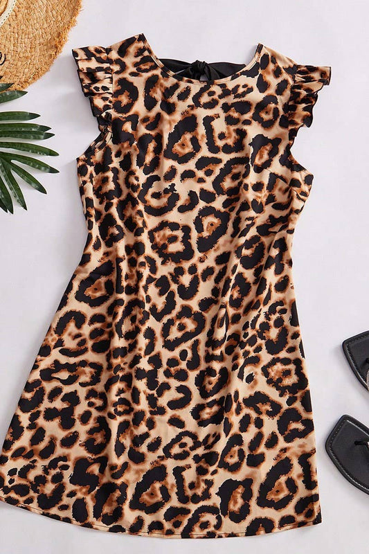 CWDSD7891_LEOPARD PRINT TIE NECK FLUTTER SLEEVE  DRESS