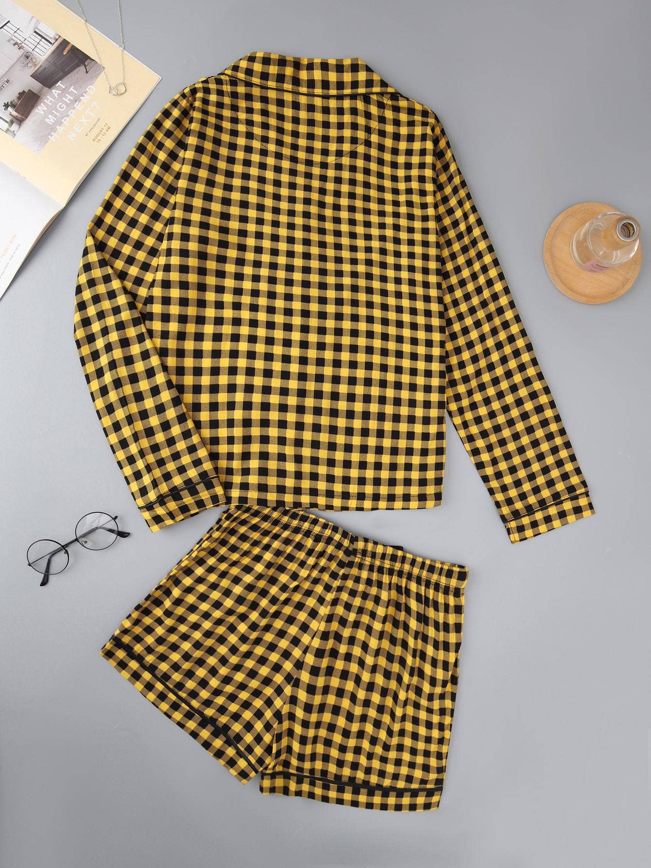 Checked long-sleeved shirt shorts pajama set