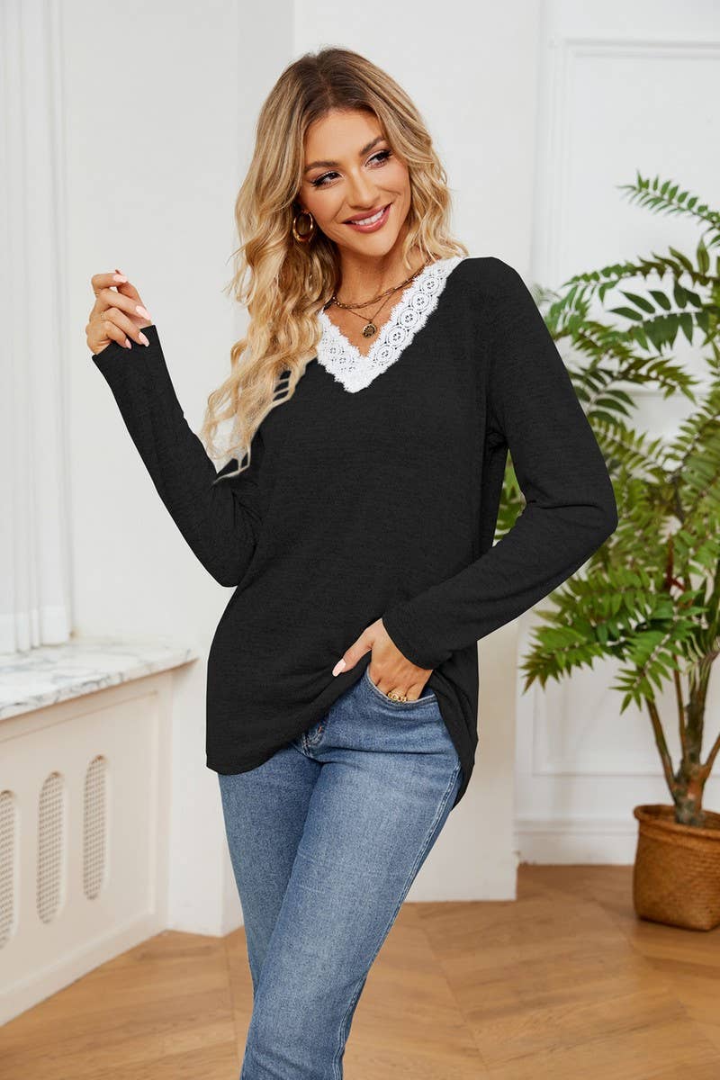 CWTBLL2385_V-NECK LACE LONG-SLEEVED LOOSE PULLOVER