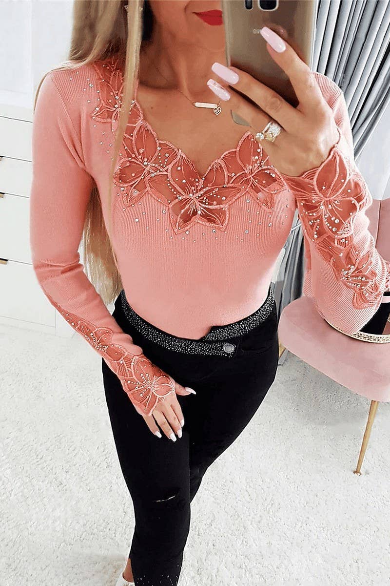 CWTBLL3923_SOLID LACE TRIM RHINESTONE LONG SLEEVE TEE