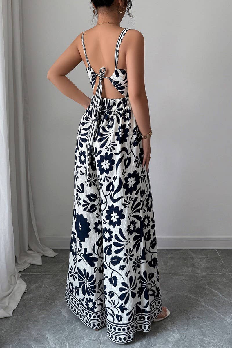 CWDHL0890_ELEGANT TWISTED PRINT SUSPENDERS WIDE-LEG JUMPSUIT