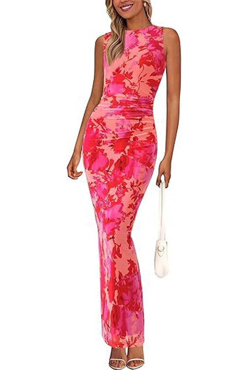 CWDMD6368_PLEATED FLORAL BODYCON SLEEVELESS MESH DRESS