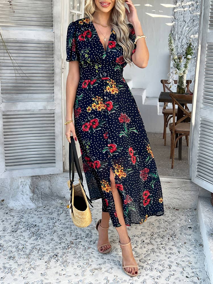 Boho Deep V Neck Chiffon Floral Mini Dress