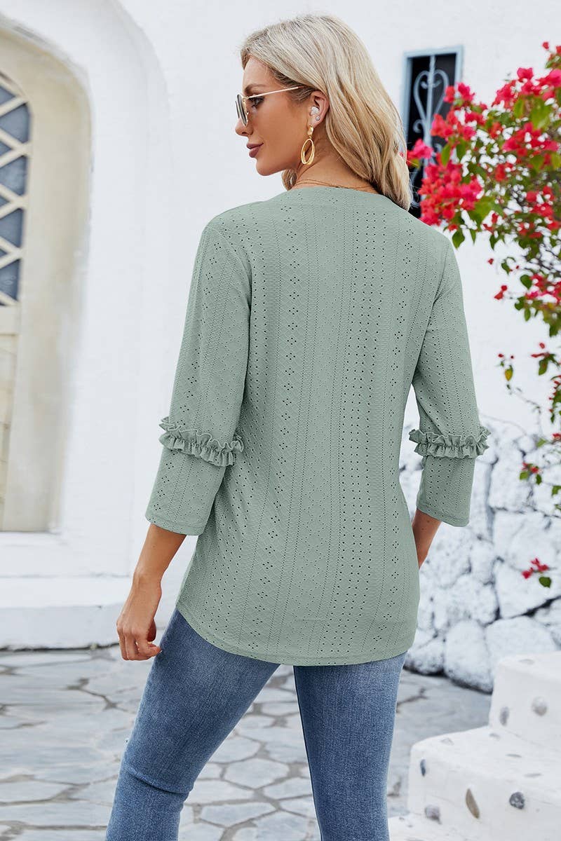 CWTTS0763_3/4 Sleeve Ruffle Detailed V-Neck  Blouse