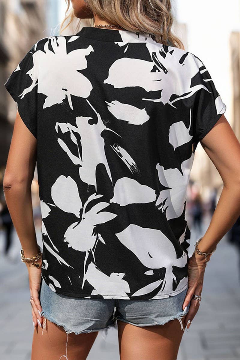 CWTBLS0683_DEEP V-NECK SHORT SLEEVE PRINT LOOSE BLOUSE