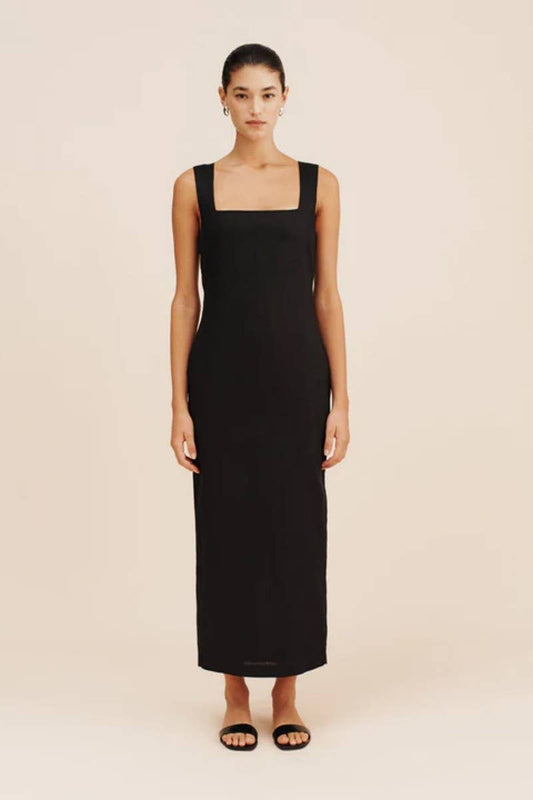 CWDMD5260_SOLID SQUARE NECK SLIM FIT COTTON-LINEN DRESS
