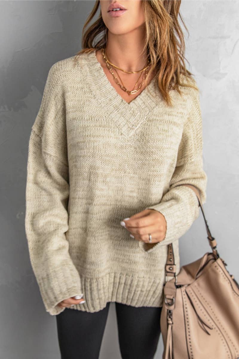 CWOSWL6719_SOLID COLOR V-NECK LONG-SLEEVED SWEATER