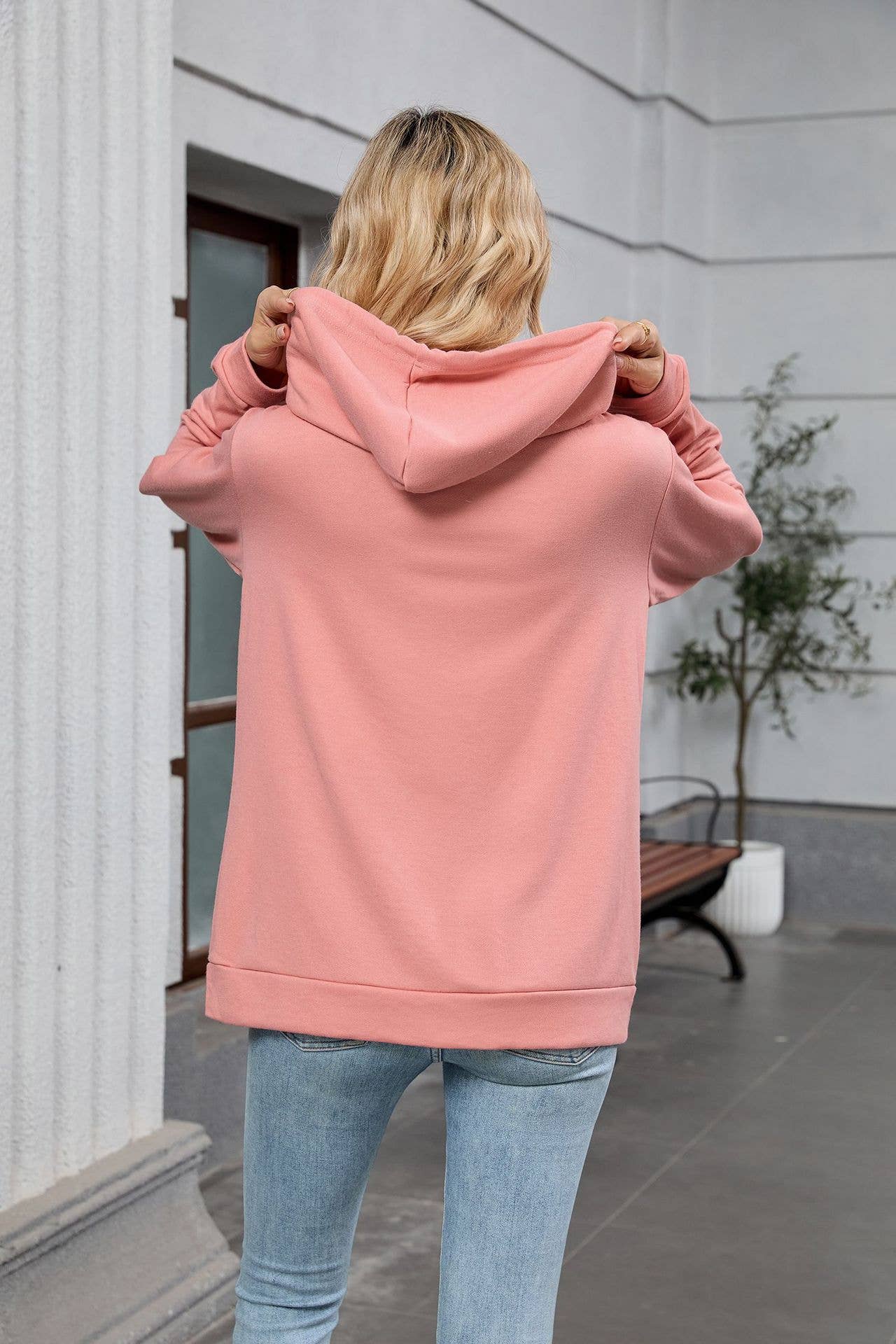 Color-blocking zipper hooded pocket sweatshirt