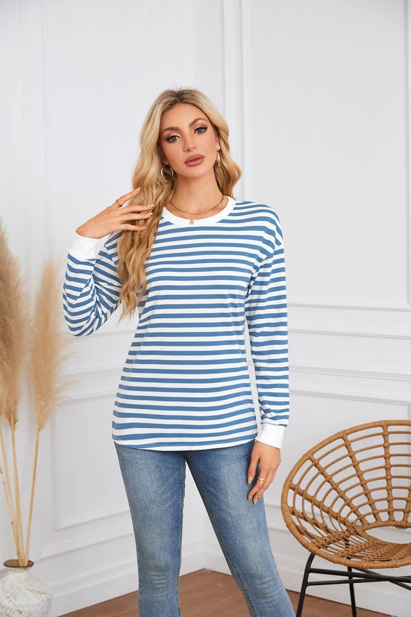 CWTBLL4109_STRIPED ROUND NECK LONG SLEEVE CASUAL TOP