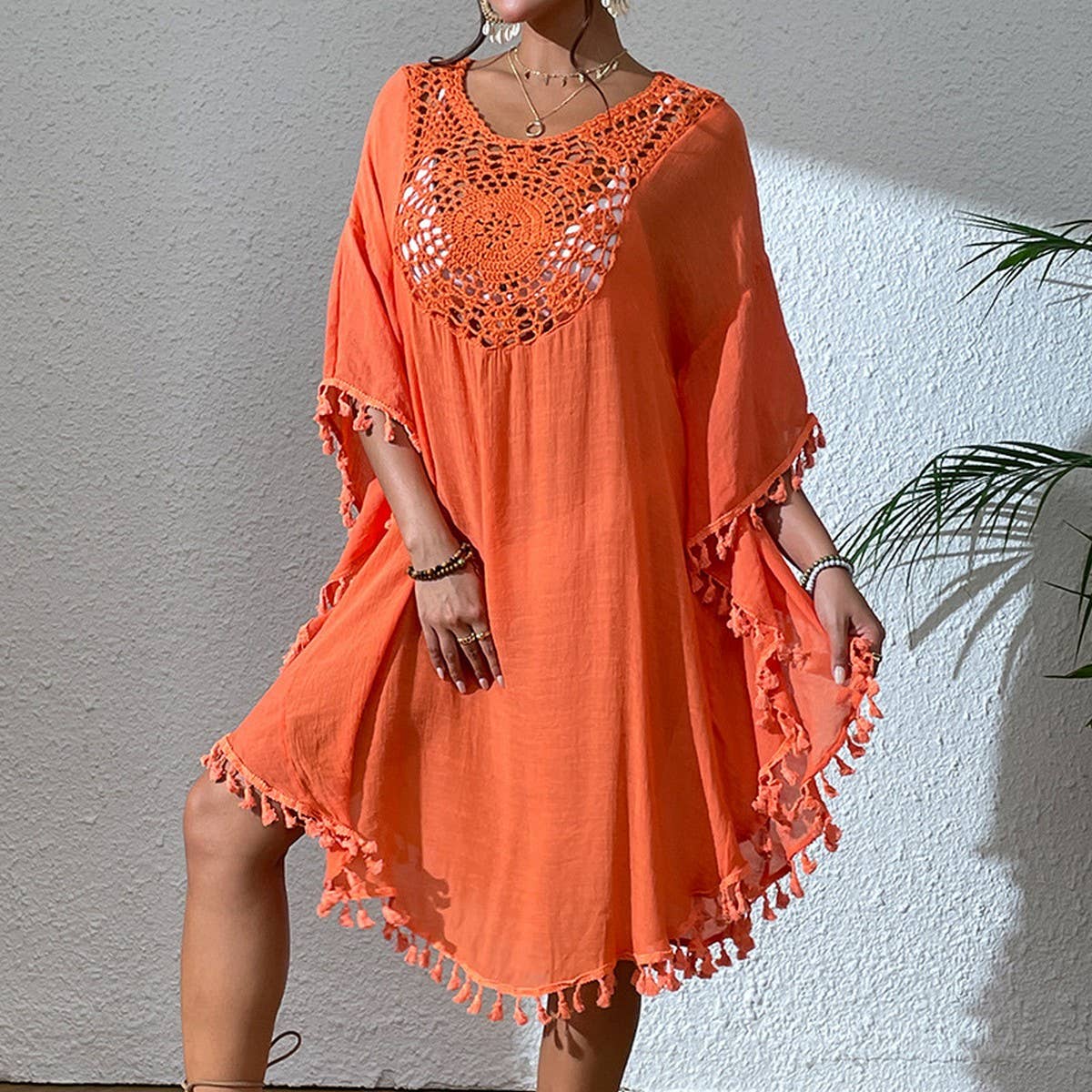 CROCHET PANEL TASSEL BIKINI BEACH COVER-UP