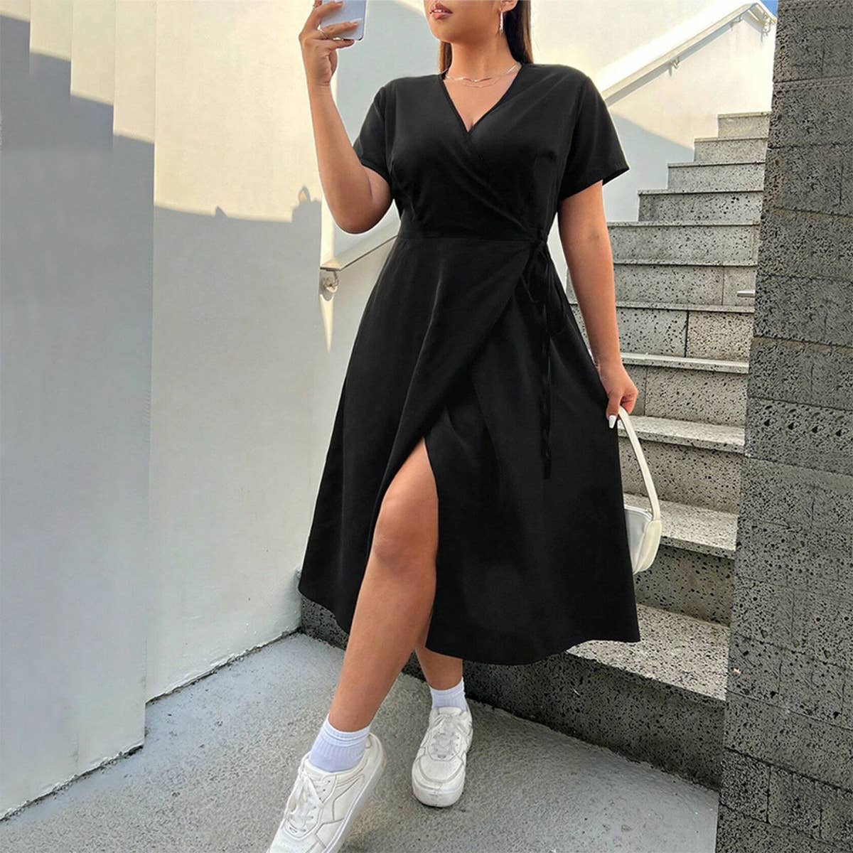 Women's V Neck Split Midi Dress ? Solid Color