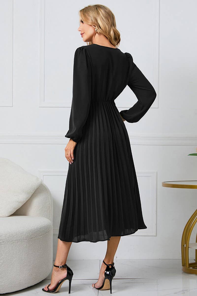 CWDMD1462_V-NECK LONG SLEEVED PLEATED DRESS