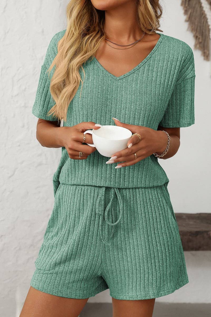 CWSTB1663_SOLID COLOR STRIPED SHORT-SLEEVED HOME WEAR SUIT