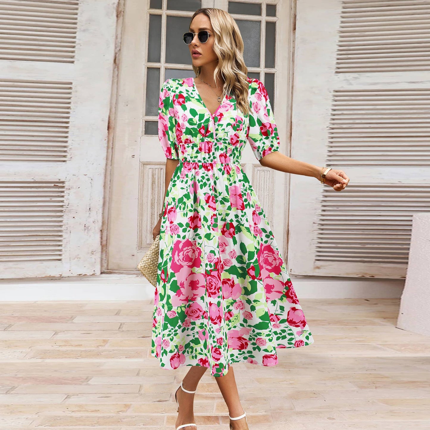 Boho V-Neck Floral Maxi Dress with Waist Tie