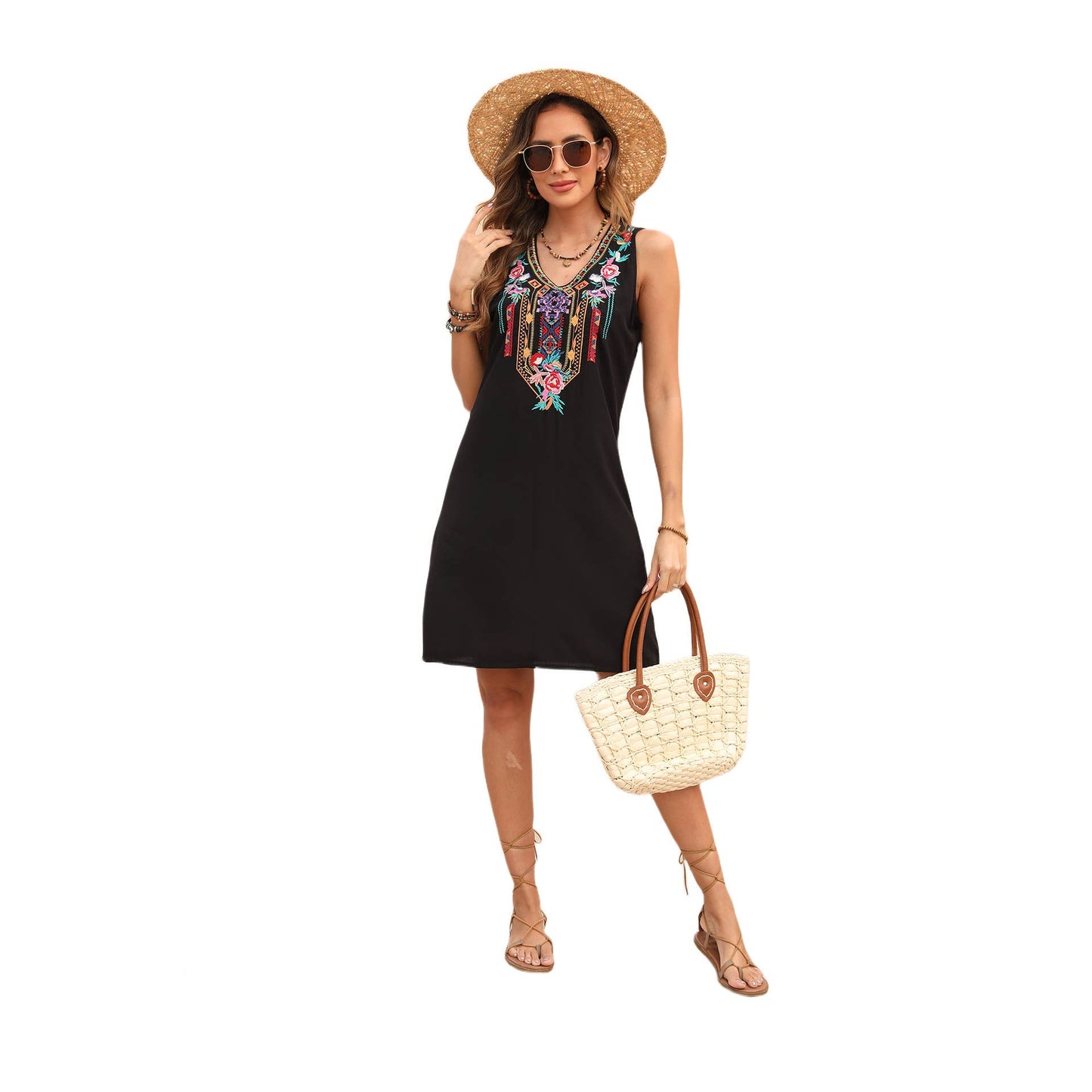 V-NECK EMBROIDERED FASHION TANK TOP DRESS - Missy Style