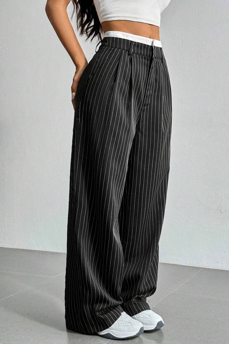 CWBLP1116_HIGH-WAISTED STRIPED LOOSE STRAIGHT-LEG TROUSERS