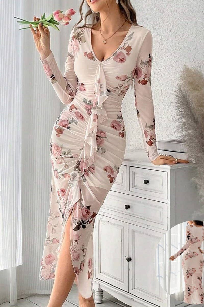 CWDMD01225_MESH V NECK RUCHED SPLIT PENCIL DRESS