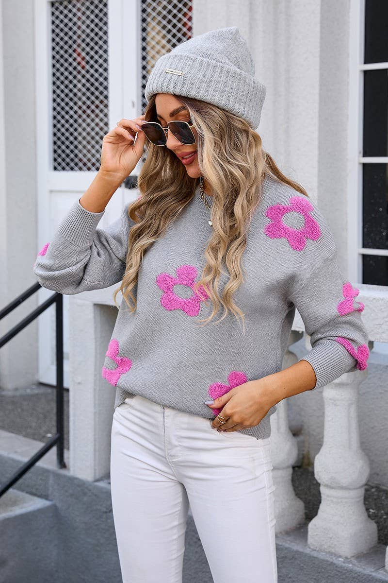 CWOSWL3110_FLORAL ROUND NECK PULLOVER LONG SLEEVE KNIT TOP