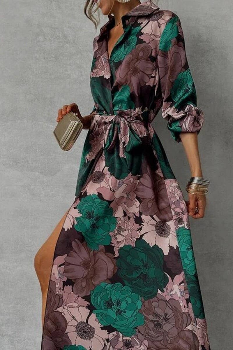 CWDMD5863_ELEGANT PRINTED TIE-WAIST LONG SLEEVE DRESS