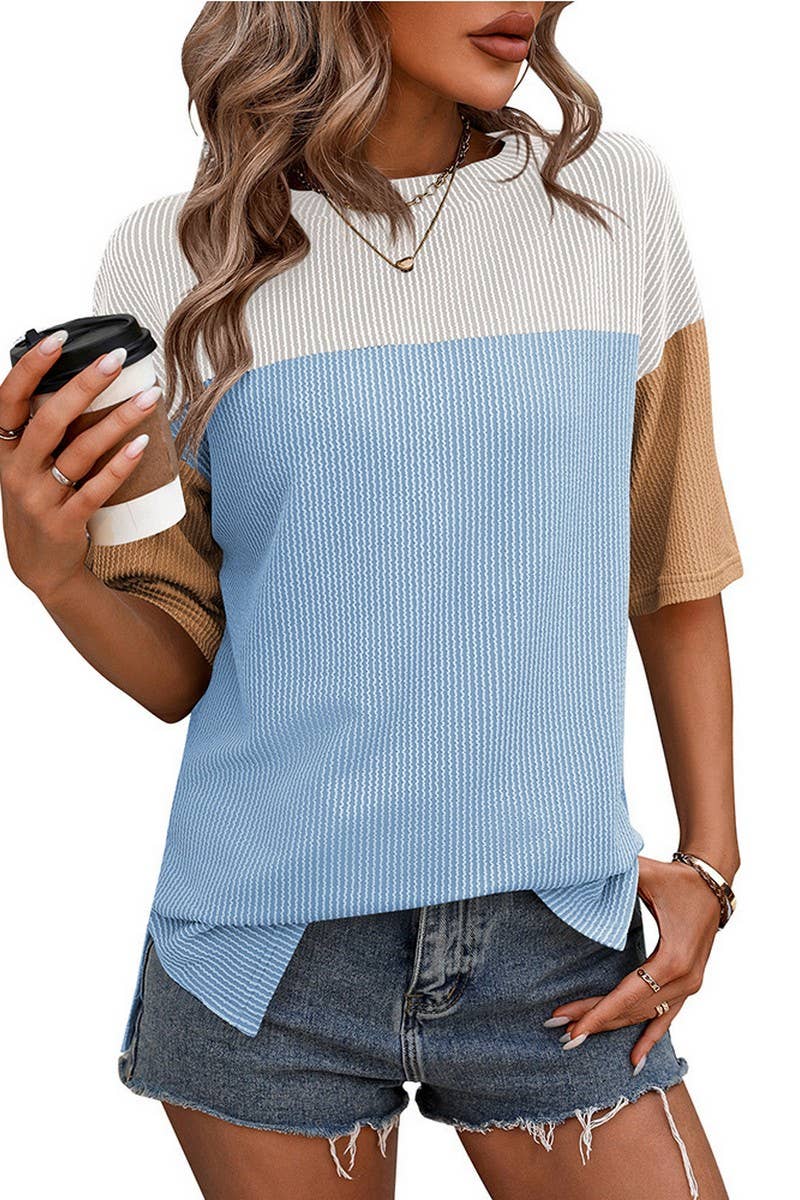 CWTTS1317_SUMMER ROUND NECK COLOR BLOCK LOOSE T-SHIRT