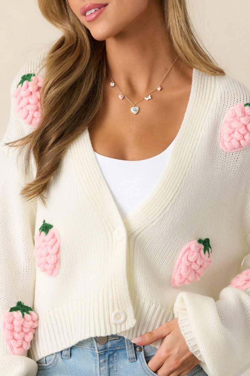 CWOCAL2353_3D STRAWBERRY PATTERN KNITTED CARDIGAN SWEATER