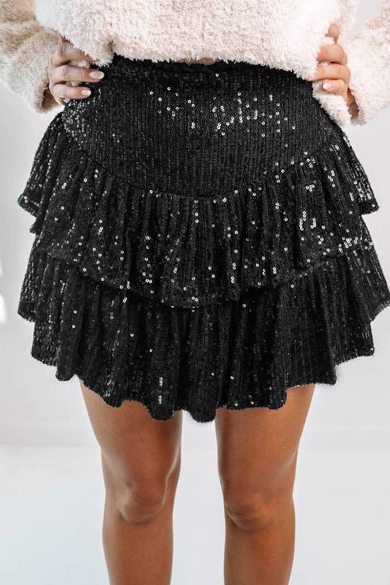 CWBSS0493_SEQUINED SEXY SOLID COLOR PLEATED SKIRT