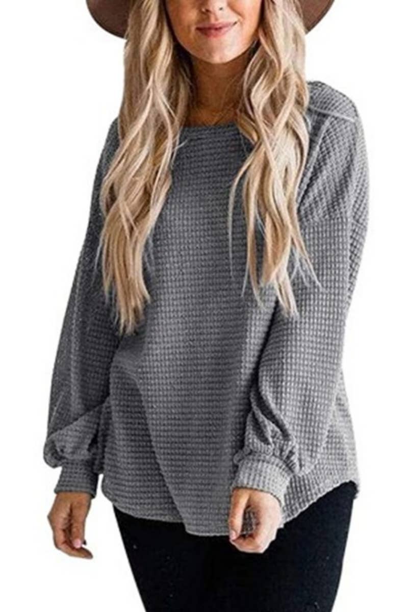 CWTTL1206_Long Sleeve Round Neck Knitted Loose Pullover Top