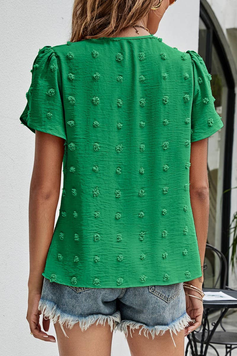 CWTBLS0342_Round neck Short Puff Sleeve Blouse