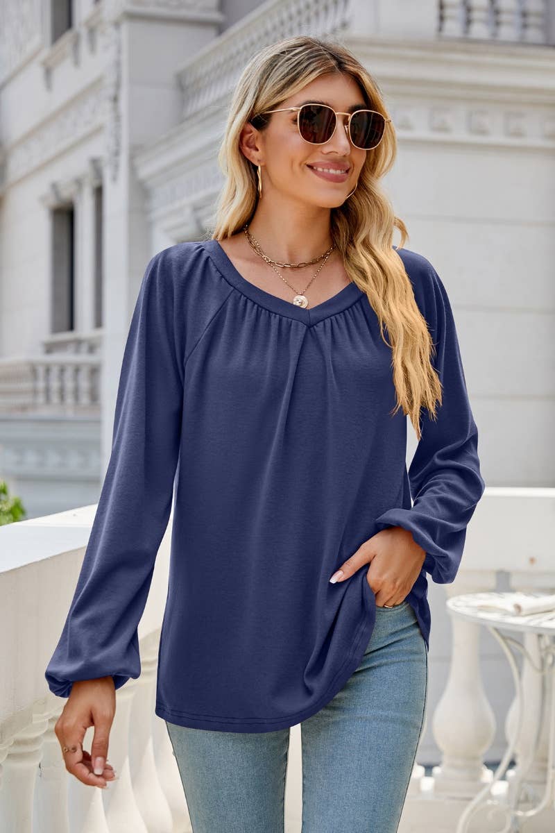 CWTBLL2858_LOOSE PLEATED V-NECK LONG SLEEVE TOP