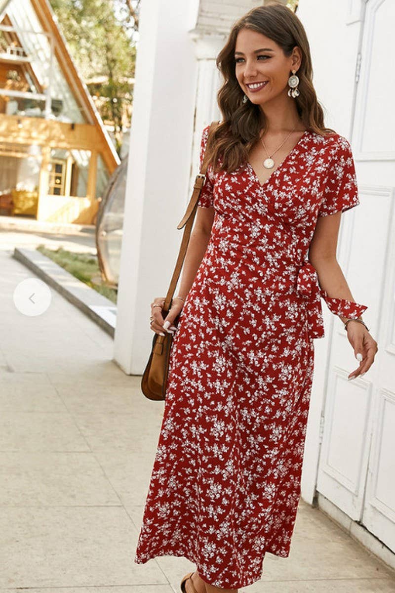 CWDMD4130_PRINTED V-NECK TIE HIGH WAIST MIDI DRESS