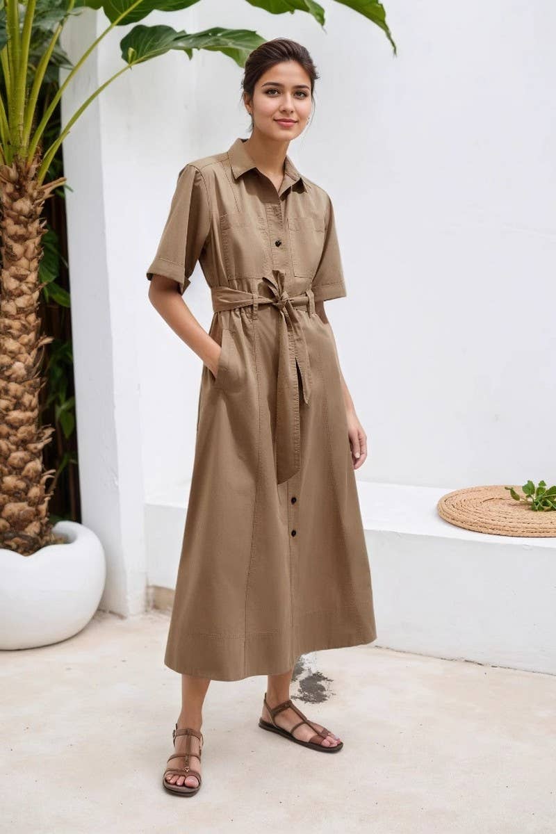 CWTDSS0074_LAPEL BELTED SINGLE BREASTED SHIRT DRESS