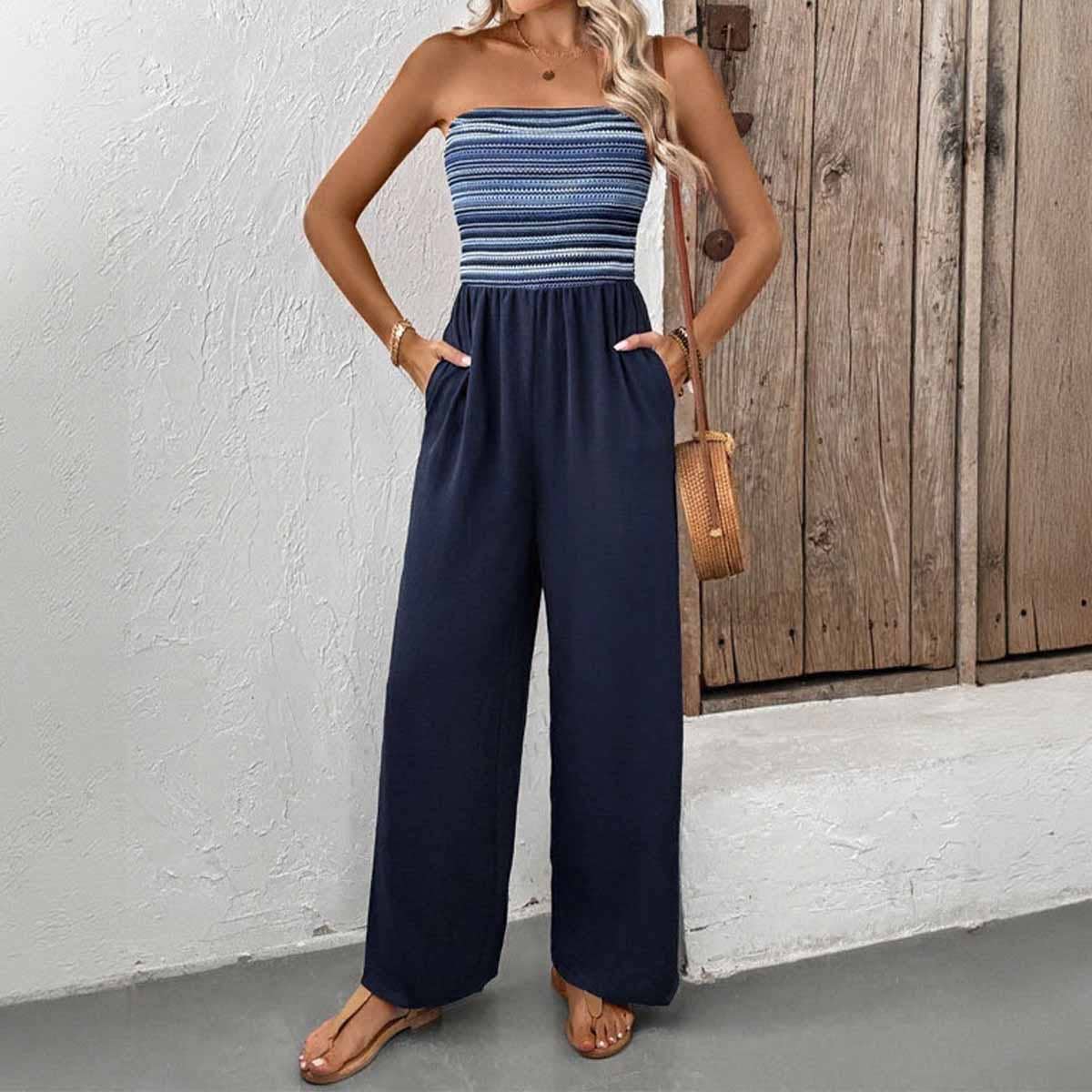 Casual simple elastic patchwork striped jumpsuit