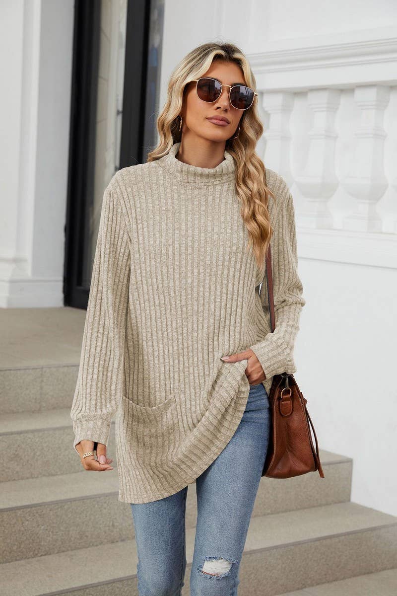 CWTBLL1856_HIGH NECK BRUSHED SOLID LONG SLEEVE POCKET TOP