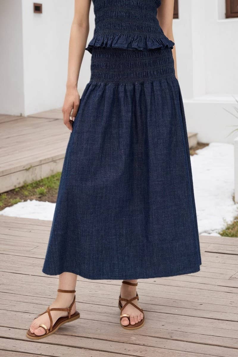 CWBLS0664_DARK BLUE HIGH WAIST RUFFLED DENIM SKIRT